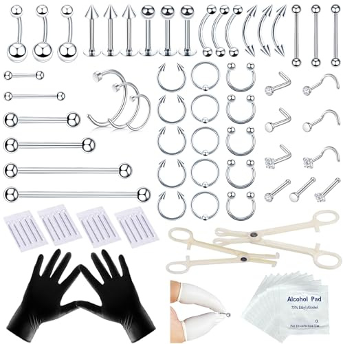 TKKUY 80PCS Nose Piercing Kit: Stainless Steel Body Piercing Jewelry with 12G, 14G, 16G, 20G Needles for Ear, Nose, Lip, Eyebrow