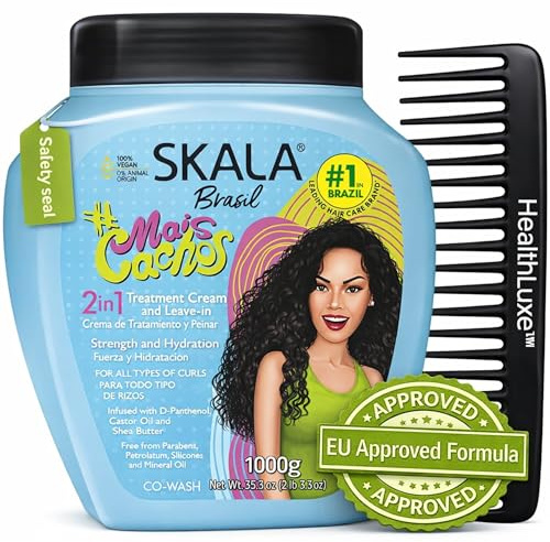 SKALA Mais Cachos Curly Hair Treatment 3ABC - Anti-Frizz, 2-in-1 Conditioning & Detangling Cream, Vegan, 1kg with Wide Tooth Hair Comb - Moisturising, Hydrating, Curl Defining, Sulfate/Silicone Free