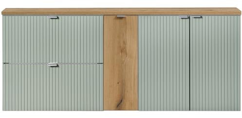 Lomadox Meuble de lavabo double 140 cm, vert et chêne, avant rainuré, montage suspendu, faible profondeur 40 cm