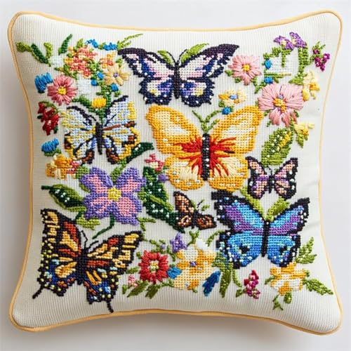 XDEGHUANGSS Gancio di chiusura per cuscino fai da te ricamo cuscino per uncinetto artigianato con tela stampata a motivo 17X17-Fiori e farfalle