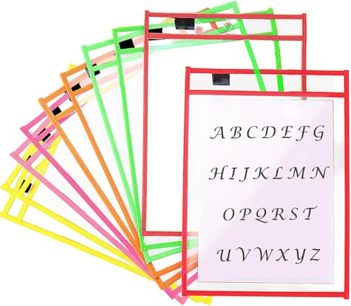 10 Pack Dry Erase Pockets Reusable PVC Sleeves A4 for Classroom Organization Teacher School Supplies Office - 10 x 13.5 Assorted Colors