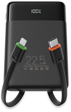 VEGER Batería Externa Carga Rápida 10000mAh 22.5W Power Bank con Cable Tipo C y iOS Integrados,4 Salidas,Cargador Portátil Compacto y Ligero,Batería Portátil para iPhone,iPad, Samsung,Android y más