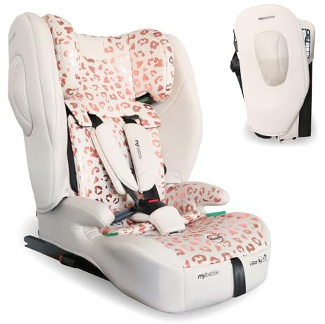 My Babiie MBCS80 Foldable Toddler to Booster R129 Child Car Seat - ISOFIX with Top Tether, Harness, 76-150cm (Approx. 9-36kg, 15 Months - 12 Years), i-Size, Group 1/2/3, Forward Facing - Pink Leopard