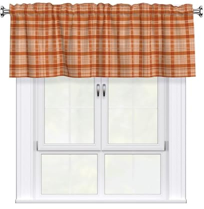 Miaoquhe Orange karierte Küchenvorhänge, schlichter Stil, 137,2 x 45,7 cm, Herbst-/Thanksgiving-Fenster-Volants, Herbst, Bauernhaus, Fensterbehandlung, Stangentasche, Volants für Wohnzimmer