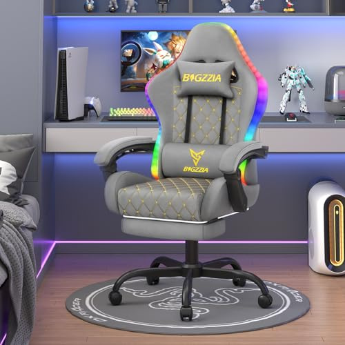 Racingreat Gaming Chair with Led Lights | Ergonomic Racing Style Gamer Chair/High Back, Lumbar Support, Recliner, Footrest (Grey)