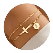 TINGN Gold Initial Bracelet for Women, 14K Real Gold Plated Cross Bracelet Initial A Bracelets for Womens Adjustable Stacking Cross Bracelets Christening Gifts for Women Teenage Girls