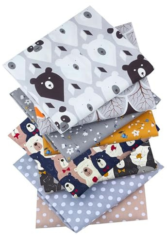 NEUJUS 8 Stück Baumwollstoff 50 x 50 cm Stoffpaket – Patchwork Stoffe Paket zum Nähen & Quilten, DIY Stoffreste Baumwollstoffe Meterware, Stoff Quadrate verschiedene Muster (8 Stück-Brauner Bär)