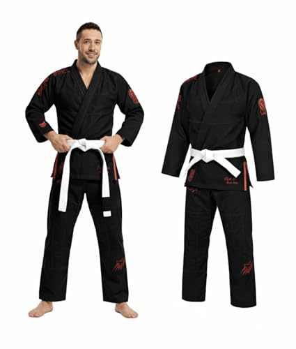 X RAGE Lion King Lightweight BJJ Gi – 400GSM Pearl Weave Brazilian Jiu Jitsu Kimono – Black BJJ Suit with 8oz Twill Pants – Unisex BJJ Uniform for Men & Women, Training & Competition (A0)