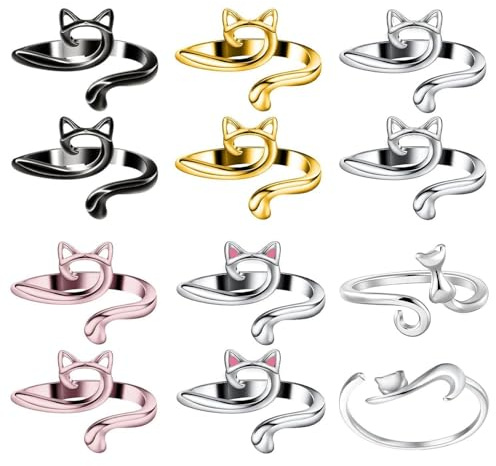 COACOM 10 Anillos De Ganchillo Abiertos Y 2 Ganchos De Ganchillo De Anillo, Tamaño Ajustable, Forma De Gato Pequeño, Herramientas Auxiliares Tejidas A Mano, Accesorios para Hacer Joyas De Bricolaje.