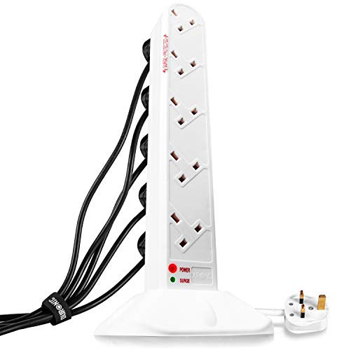 Duronic 10 Way Extension Lead Tower ST10W | 10 Gang Power Strip Cord | Surge & Spike Protector | UK Plug Sockets | WHITE | Electric Multi Plug Adapter | Max. 3000W Capacity | 1.8 Metre Power Cable