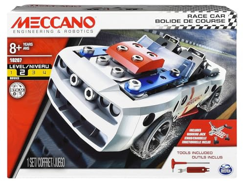 Meccano Engineering & Robotics Race Car Building Kit, STEM Construction Set with Metal Parts, Working Jack and Tools Included, Ages 8+, Level 2, Model 18207