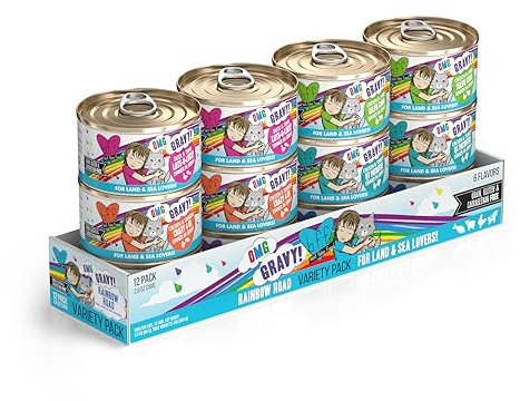 Weruva B.F.F. OMG - Best Feline Friend Oh My Gravy!, Variety Pack, Rainbow Road, Wet Cat Food By, 2.8oz Can (Pack of 12)