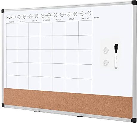 Amazon Basics 24 x 36 Monthly Whiteboard Calendar with Cork Board, Wall Mounted, Easy to Install, Silver Aluminum Frame, Erasable Planning Organization