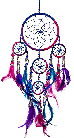 Pink Pineapple Atrapa Sueños Pequeño Bohemio: Arte de Pared de Dreamcatcher Colgante Ético con Plumas y Cuentas de Color Azul Real, Rosa y Morado con Diseño de Ganchillo Tradicional (12 x 35 cm)