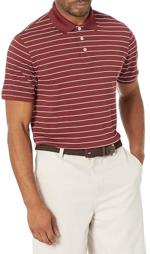 Amazon Essentials Men's Golf Polo Shirt, Short Sleeve, Slim-Fit, Quick-Dry, Burgundy Stripes, L