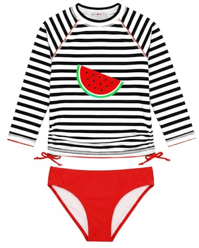 weVSwe Flicka baddräkt UPF 50+ skydd långärmad tvådelad rosettknut badmode Rash Guard volanger sällsynta summanschetter, Röda vattenmelon, 3-4 År