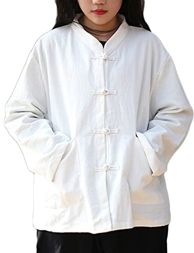 NFYM Women'sTang Suit Tops Button-Down Shirts Linen Blouse Chinese Traditional Long Sleeve Kung Fu Clothing, White, One Size