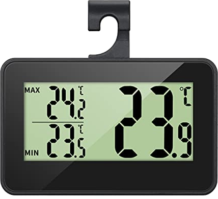 INRIGOROUS Refrigerator Thermometer, Digital Temperature Monitor with Max/Min Display, Waterproof, Magnetic Back, Stand, Hook, Black