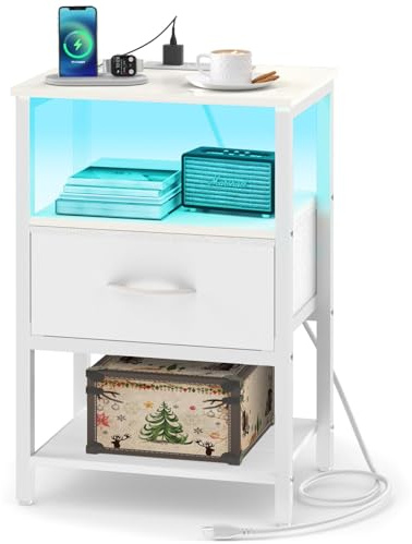 Yoobure White Night Stand with Charging Station, LED Nightstand for Bedroom, Bedside Tables with Adjustable Fabric Drawer, 3-Tier End Table Living Room, Small Side Table with Storage