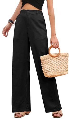 heekpek Pantalones Lino Mujer Pantalones Verano Cómodos Cintura Alta Holgados Pantalones Rectos Mujer Fresco Casual Pantalon Baggy Mujer con Bolsillos