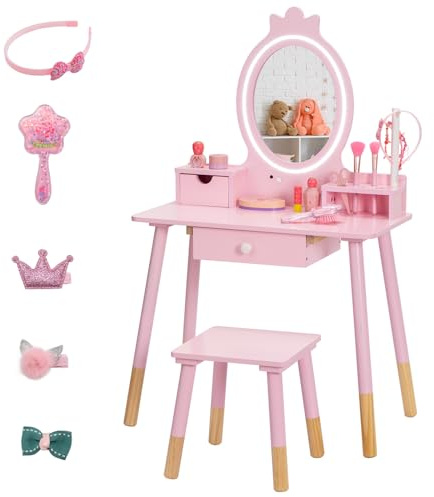 BRINJOY Kids Vanity Set with Lighted Mirror, Princess Make Up Dressing Table and Stool Set w/Jewelry Storage Rack & Make Up Brush Holder, Wooden Children Vanity Table Pretend Playset for Girls