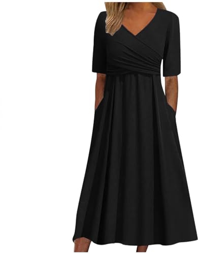 WVONIF Robe D été Femme Grande Taille Femmes Robe D'été Manches Courtes Taille Empire Plissée Robe Évasée Décontractée au Genou avec Poches Robe Rose Femme （ Noir, XXL
