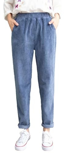 Cuteighteen Pantaloni a gamba dritta in velluto a coste da donna elasticizzati a vita alta, comodi pantaloni casual da lavoro con tasche, Blu, XL