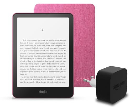 Le dernier Kindle Paperwhite (version 2024) 16 GB avec publicités, une couverture en tissu Amazon et un adaptateur secteur Amazon Powerfast 9 W.