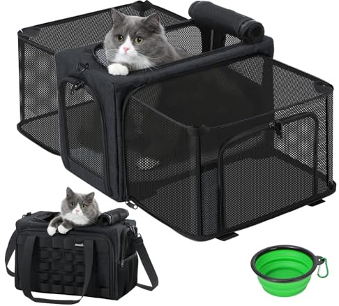 Pecute Sac de Transport Chat Extensible, Sac Transport Chat Respirant et Pliable, Sac de Transport pour Chat Caisse de Transport Chat pour Voyage en Avion Train vec et Bandoulière Réglable + Bol,Noir