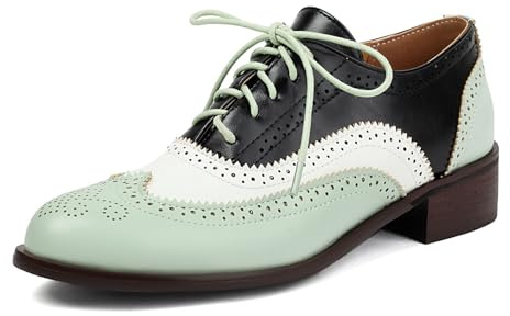SHEMEE Women's Chunky Low Heels Oxfords Saddle Shoes Creeper Vintage Wingtip Brogues Perforated Flats Lace Up Pumps Light-Green White Black,US 7.5