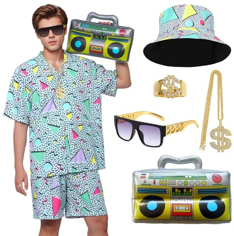 Antsparty Déguisement Année 80 Homme Femme, Costume Annee 80 Rétro Manches Courtes et Shorts avec Le Chapeau Accessoires Disco, Costume Années 80 Survêtement Carnaval Disco Soirée