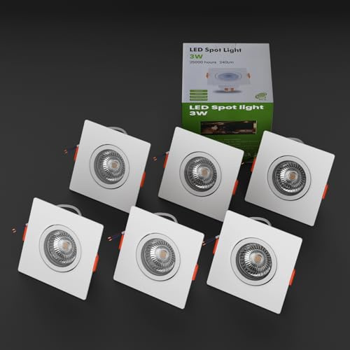 LEDSone 3W Square LED Downlights 550 lm Ultra-Slim Recessed Ceiling Spotlights Dimmable Adjustable Tilt Cool White 6000 K for Bedroom Kitchen & Living Room