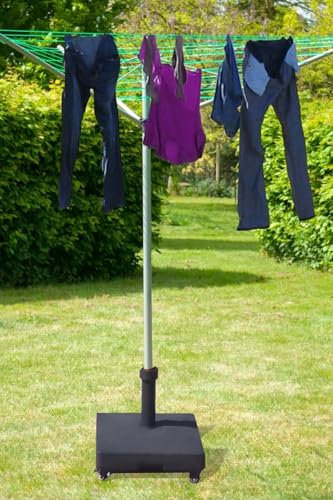 Portable Washing Line Holder with 2X Lockable Wheels – Heavy Duty 27kg Base – Fits 32–48mm Poles – Fill with Sand, Water or Cement – Durable Resin – Matt Black – For Washing Lines or Parasols