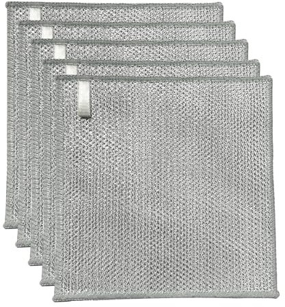 YinQin 5 PCS Triple Layer Stainless Steel Wire Dishwashing Cloths 20x20 cm Hanging Non-Scratch Steel Mesh Cleaning Cloth Multipurpose 3-Layer Metallic Wire Dish Rag Towel for Kitchen Sink Stove Top