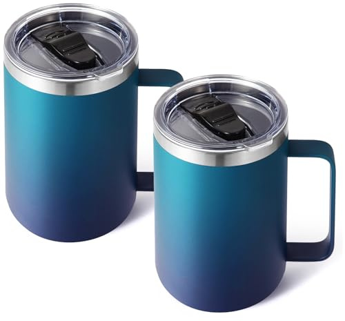 Volhoply 16oz isolerade rostfria kaffekoppar med läckagesäkert lock bulk 2-pack, dubbelväggig vakuum resemugg med handtag, återanvändbar metalltumlare, campingmugg håller varmt & kallt (Dark Night, 2)