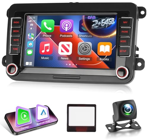 NHOPEEW Autoradio 2 + 64G Dab/Dab+ pour VW Passat b6 b7 Golf 5 6 Jetta T5 EOS Polo Touran Seat Sharan - Support sans Fil Carplay & Android Auto WiFi GPS FM RDS EQ Mirror Link + Caméra de recul