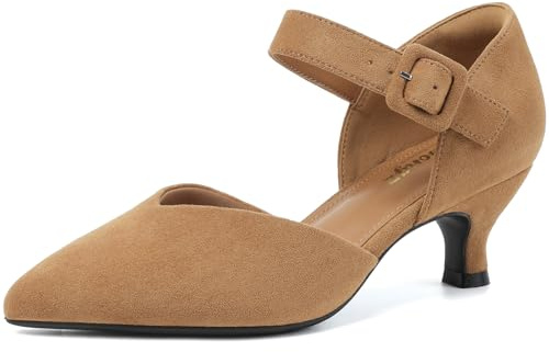 RIBONGZ Comfortable Kitten Heels for Women Pointed Closed Toe Ankle Strap Buckle Heels Slip on Low Heel Church Pumps Wedding Bridal Party Dressy Shoes, Light Brown Suede, 5.5 UK