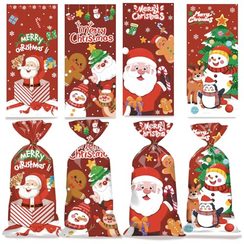 50PCS Merry Christmas Cellophane Bags With Twist Ties, Plastic Gift Bags Bulk, Clear Winter Xmas Candy Cello Goodie Bag with Twist Ties for Xmas Party Favors Supplies