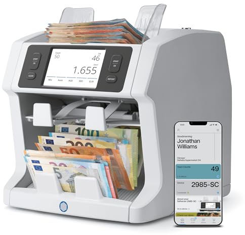Safescan 2995-SC Machine à compter l'argent comptant et tri des notes mixtes – Compteur de billets avec détecteur de faux billets à 11 points – Compteur d'argent avec application Safescan gratuite