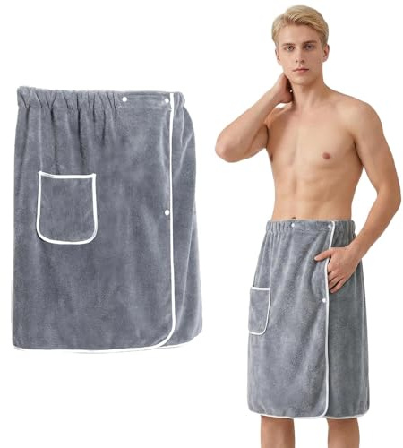 Dwitkul Kilt de Sauna para Hombre con Bolsillo, Toalla de Baño Elástica y Ajustable con Botones, 65 x 140 cm - Suave Felpa para SPA, Gimnasio, Ducha, Playa y Hogar, Color Gris