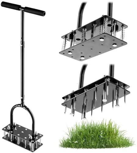 KADAX Aireador de césped con 15 clavos, aireador de césped de hierro con recubrimiento en polvo, aireador para césped, pájaro carpintero con mango en T para una ventilación eficaz del césped (negro)