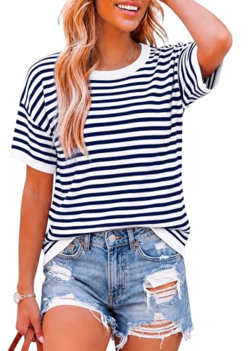 Terecey Pull Femme Rayé Manches Courtes Col Rond Top Tricoté Maille Légère | Toucher Doux, Tombé Fluide, Finition Soignée, Allure Fraîche, Confort Été, Mi-Saison et Début d’Automne