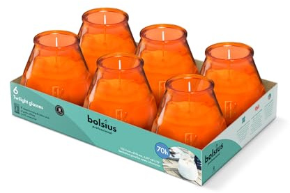 Bolsius – Outdoorkerzen - 6 Stück - Im Glass - Orange - Brenndauer 70 Stunden - Ohne Palmöl - sauberes Abbrennen - Baumwolldocht