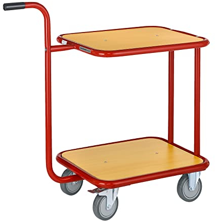SCHÄFER SHOP Tischwagen mit 2 Etagen – 150 kg Tragkraft, Rollwagen Handwagen Etagenwagen Griffroller, Ladefläche 600x500 mm - Holz, Stahl, rot