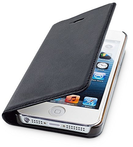 WIIUKA Echt Ledertasche - TRAVEL - für Apple iPhone 5 / 5S / SE mit Kartenfach, extra Dünn, Tasche Schwarz, Leder Hülle kompatibel mit iPhone 5/5S/SE