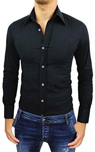 Camicia Uomo Elegante Casual Slim Fit Elasticizzata Aderente (XL, Nero)