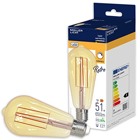 Müller-Licht Retro LED ST64 Kolbenform E27 Filament gold, 7W ersetzt 51W, nostalgisches warmweißes Licht (2000K) für ein gemütliches Ambiente, 650lm, dimmbar, 15000h Lebensdauer, 401080