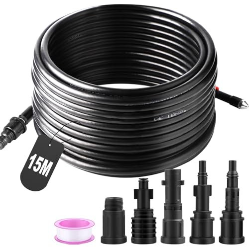 SWAWIS Mangueras para Limpiadoras a Presión 15M 180 Bar Manguera de Drenaje con 5 Adaptadores para Limpiador de Alta Presión Kärcher/Lavor/Interpump/Bosch