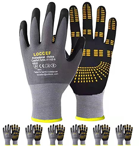 LOCCEF 6 Pairs MicroFoam Nitrile Work Gloves, Yellow Grip Dots (8/M)