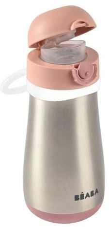 BÉABA, Barnflaska 2-i-1 i rostfritt stål, flask-/glasfunktion, tryckknapp för enkel öppning, solid, hälsosam, avtagbara handtag, rostfritt stål kallt/varmt, 350 ml, Gammalrosa